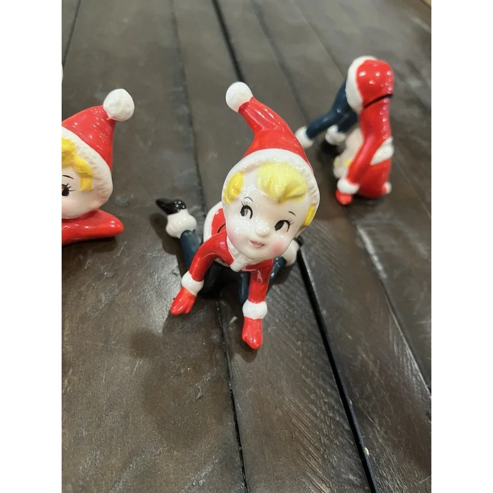 Complete Set of 6 Vintage Christmas Tumbling Elf Pixie Figurines Japan As‎ Is